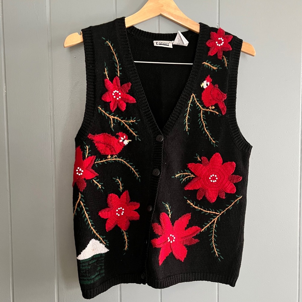 Vintage Cardinal Bird Floral Sweater‎ Vest Small Holiday Grandmacore Cottagecore